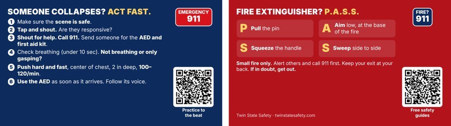 Pocket card: CPR steps on one side, fire extinguisher PASS steps on the other